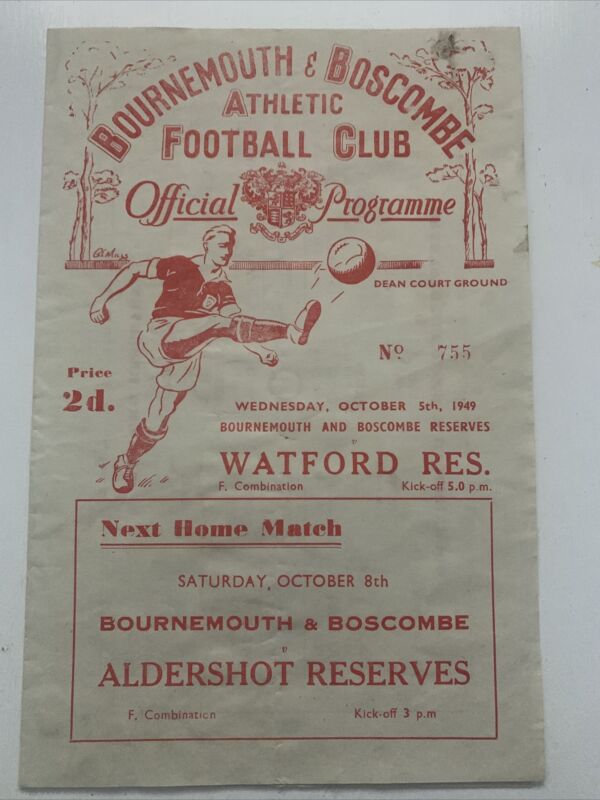 Reserves - Bournemouth V Watford - 1949/1950 - Football Combination for sale on Ebay