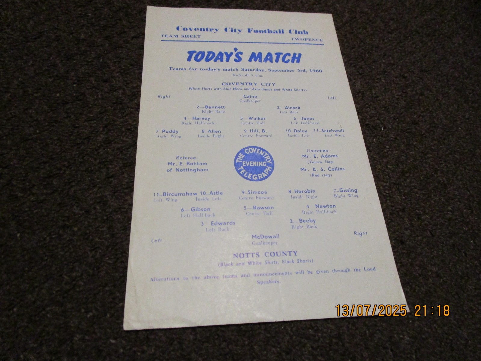 COVENTRY CITY      reserves  v  NOTTS  COUNTY   reserves   1960/1  SEPT 3rd s/s for sale on Ebay