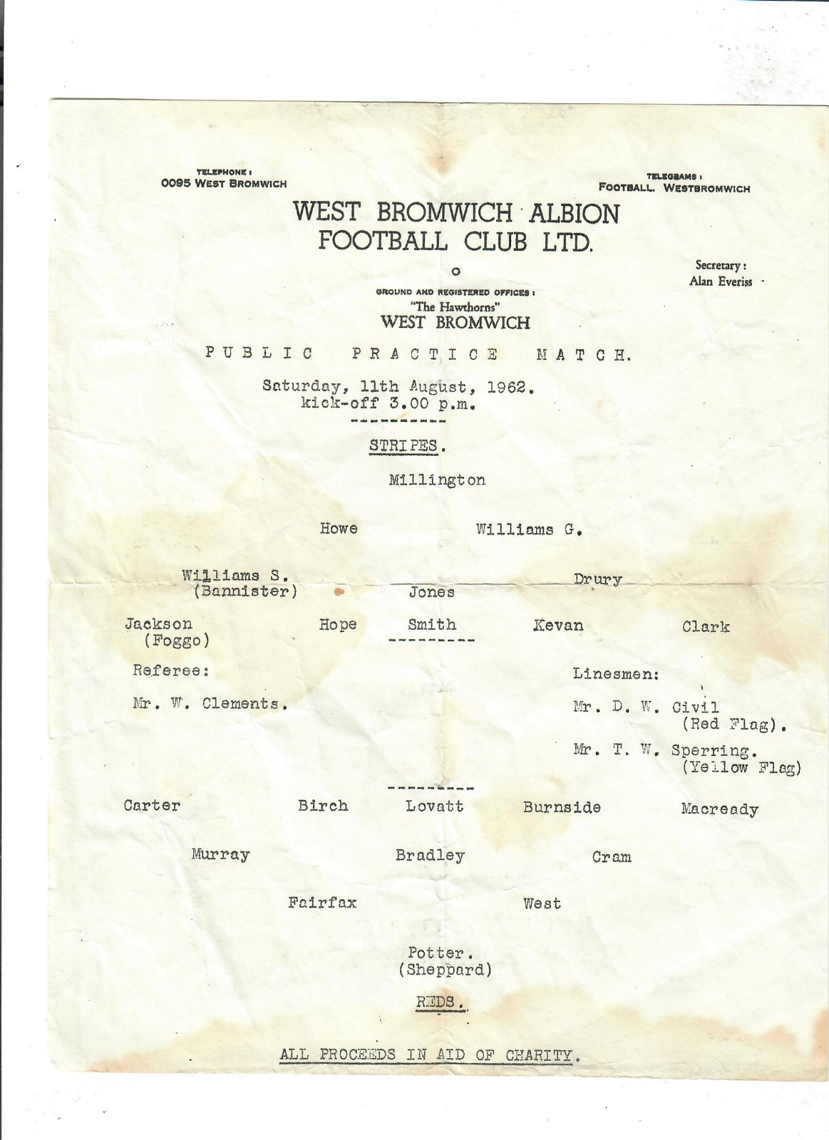 West Bromwich Albion - Public Practice Match - Stripes v Reds - 11/08/1962 RARE for sale on Ebay