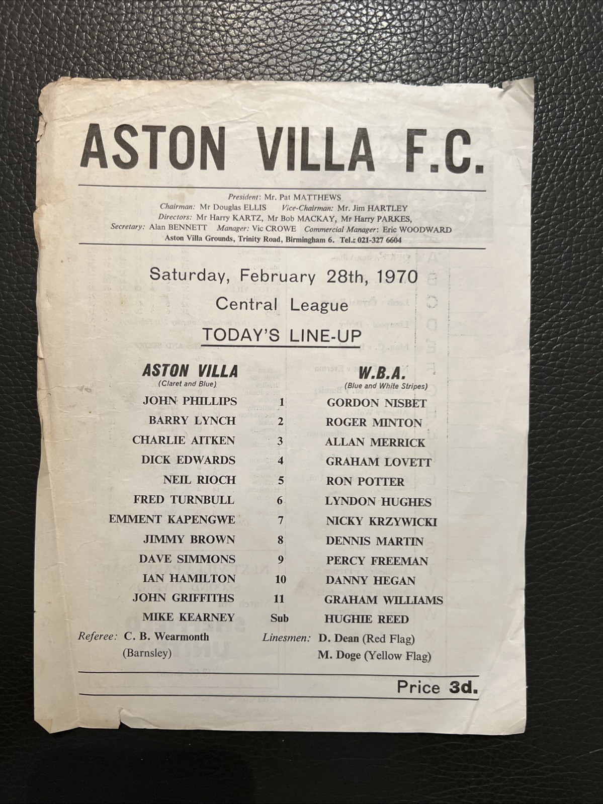 28.2.1970. Aston Villa Reserves v West Bromwich Albion Res, (Central League).S/S for sale on Ebay
