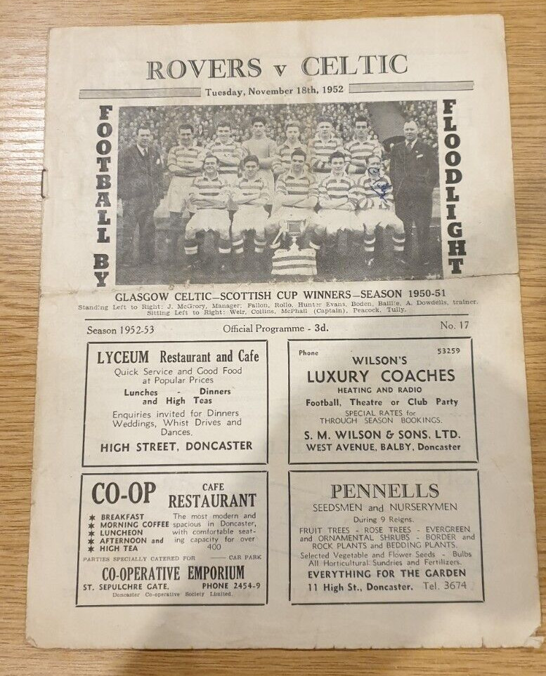 Doncaster Rovers v Celtic 52/3 Friendly signed by Charlie Tully for sale on Ebay