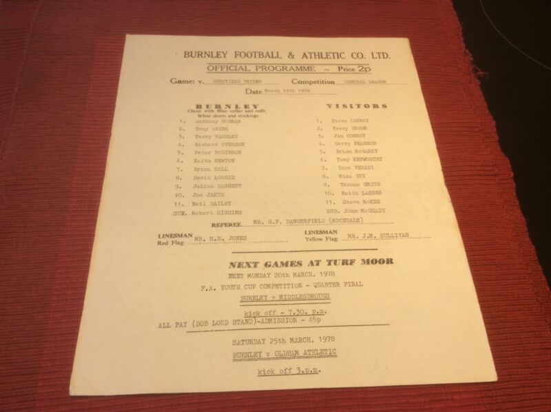 BURNLEY RES V SHEFFIELD UTD RES 18/3/1978 SINGLE SHEET for sale on Ebay