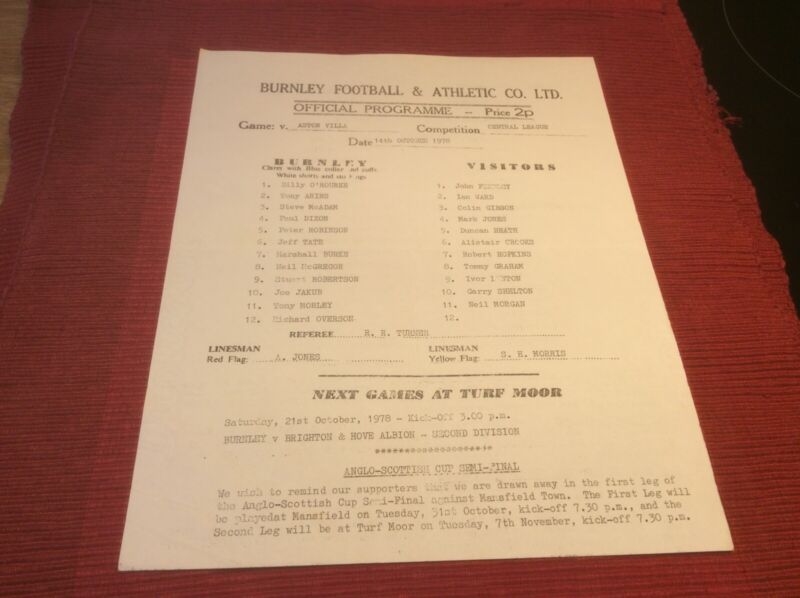 BURNLEY RES V ASTON VILLA RES 14/10/1978 SINGLE SHEET for sale on Ebay