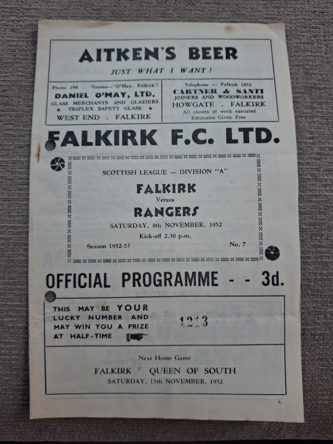 Falkirk v Rangers programme.  8/11/1952 for sale on Ebay