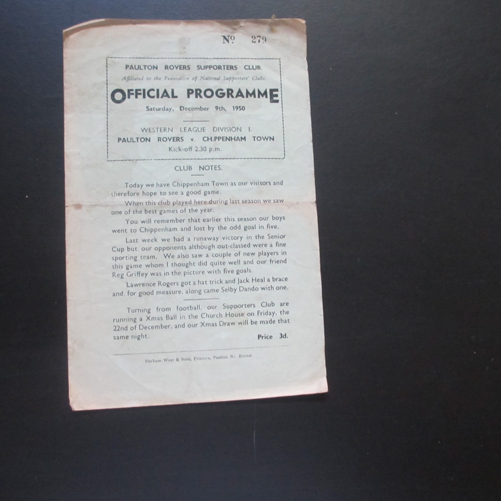 Paulton Rovers v Chippenham Town Western Lge 1950/1 for sale on Ebay