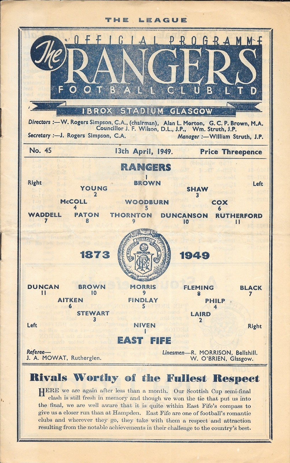 Rangers v East Fife April 1949   Treble Winning Season for sale on Ebay