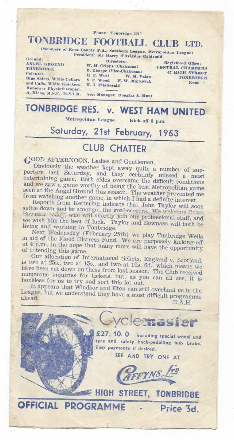 1952/53 Metropolitan League - TONBRIDGE Reserves v. WEST HAM UNITED 'A' for sale on Ebay