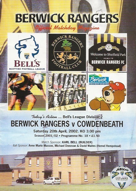 Berwick Rangers v Cowdenbeath Scottish League 20th April 2002 for sale on Ebay