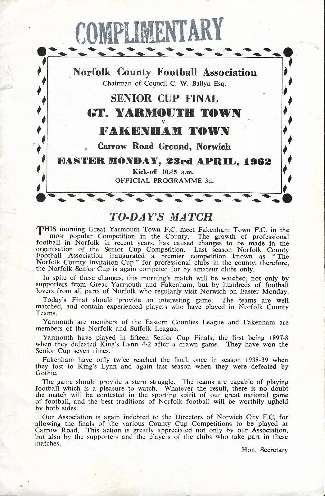 Great Yarmouth Town v Fakenham Town. Norfolk Senior Cup Final. 1961-1962 for sale on Ebay