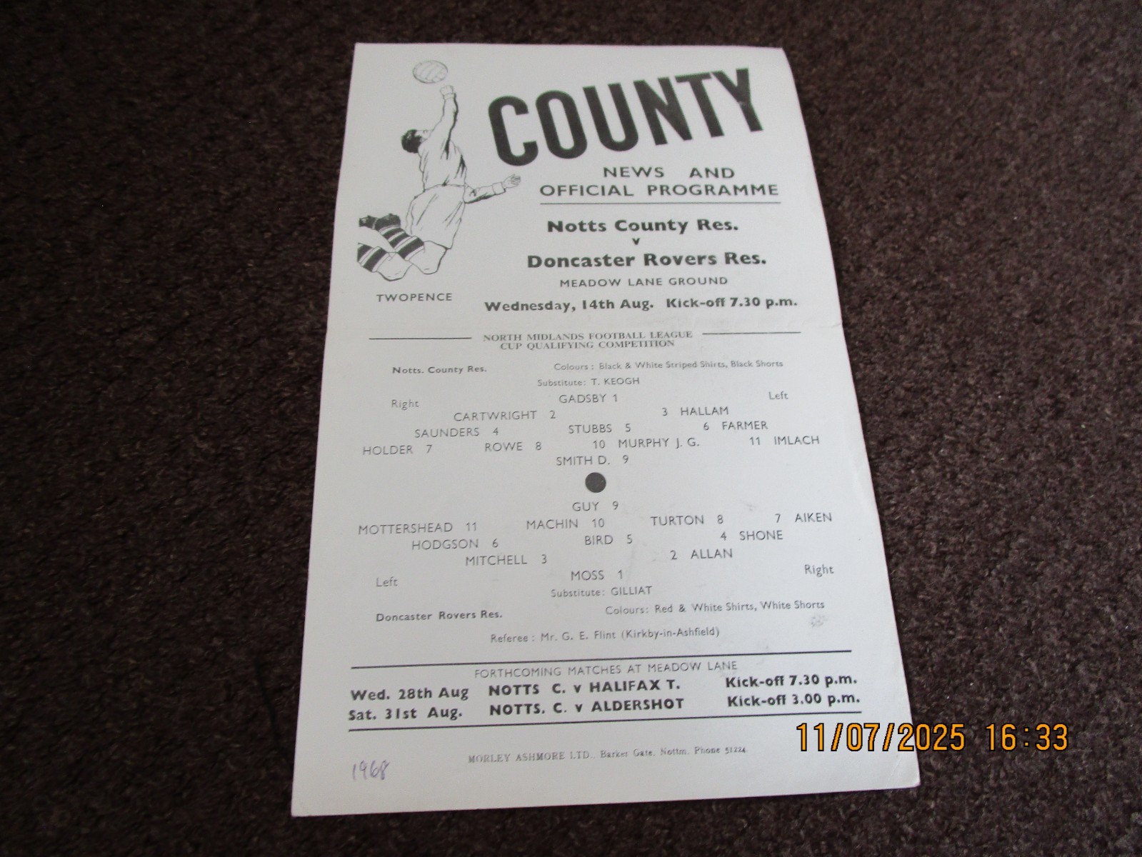 NOTTS COUNTY  reserves  v  DONCASTER ROVERS reserves  1968/9  AUG 14  NMFLC  s/s for sale on Ebay