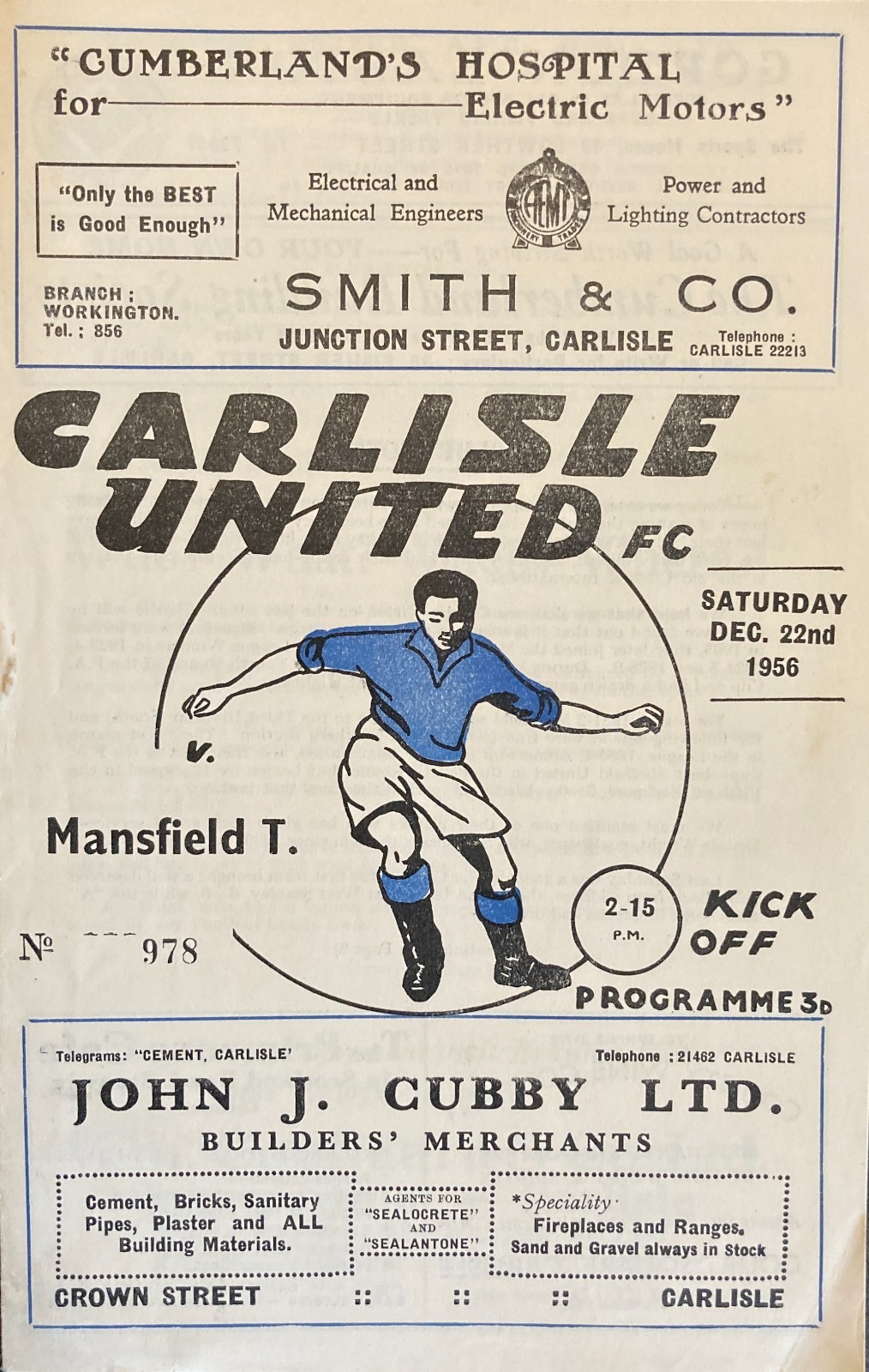 Carlisle United v Mansfield Town Div 3 (N) 1956/57 for sale on Ebay