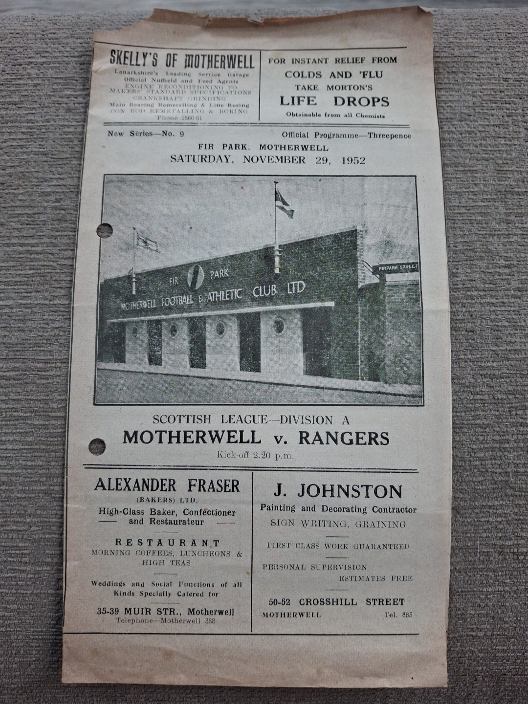 Motherwell v Rangers programme.  29/11/1952 for sale on Ebay