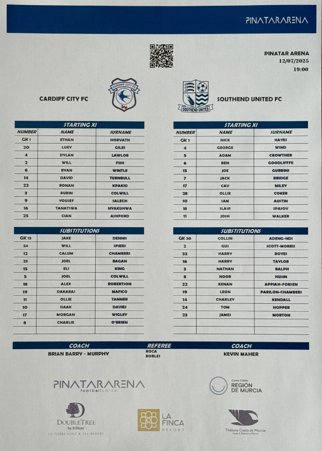 Cardiff City v Southend United official teamsheet 12/07/25 Friendly at Pinatar for sale on Ebay