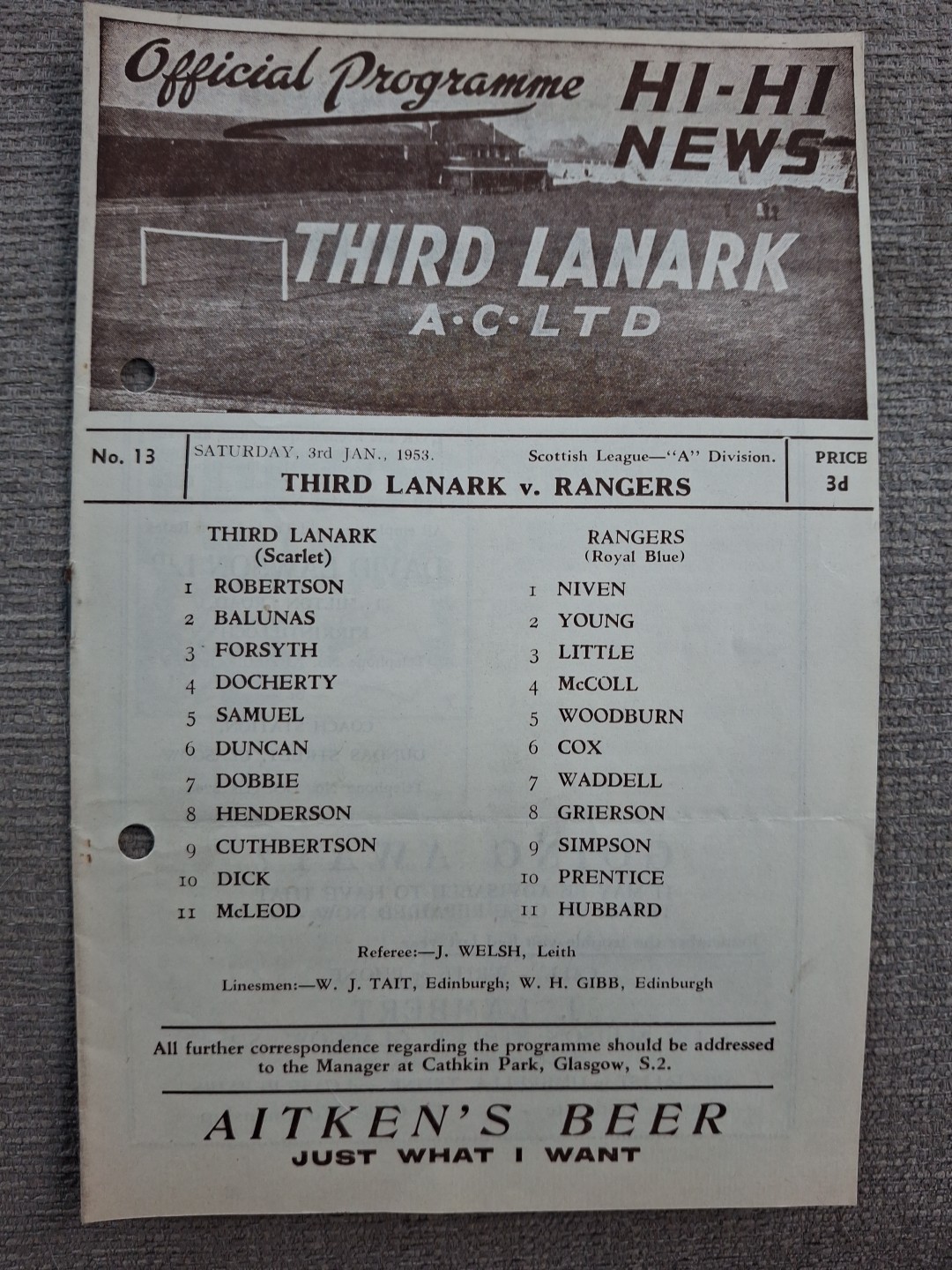 Third Lanark v Rangers programme.  3/1/1953 for sale on Ebay