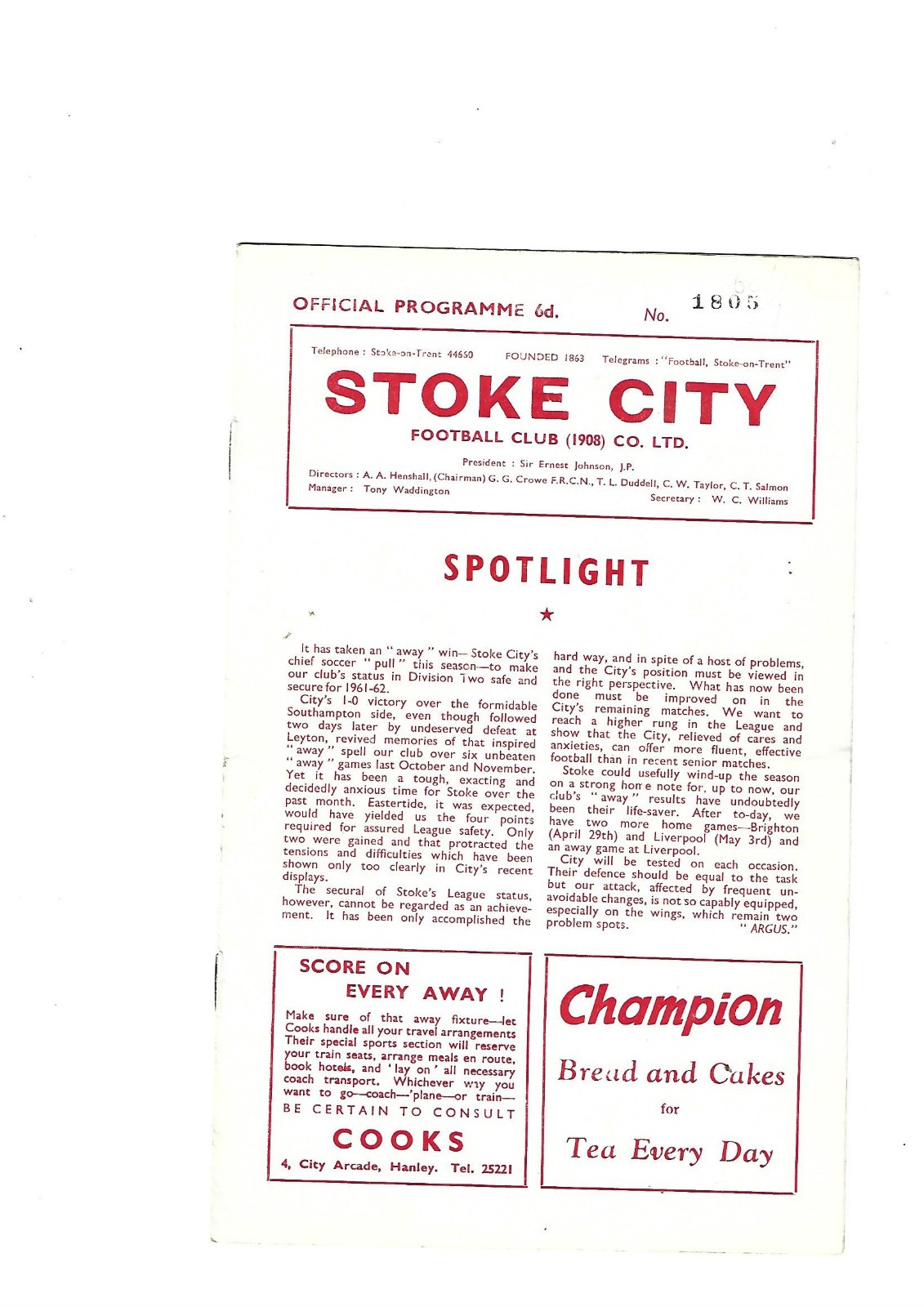 STOKE CITY FC  VS LEEDS UNITED FC  APRIL 1961 for sale on Ebay