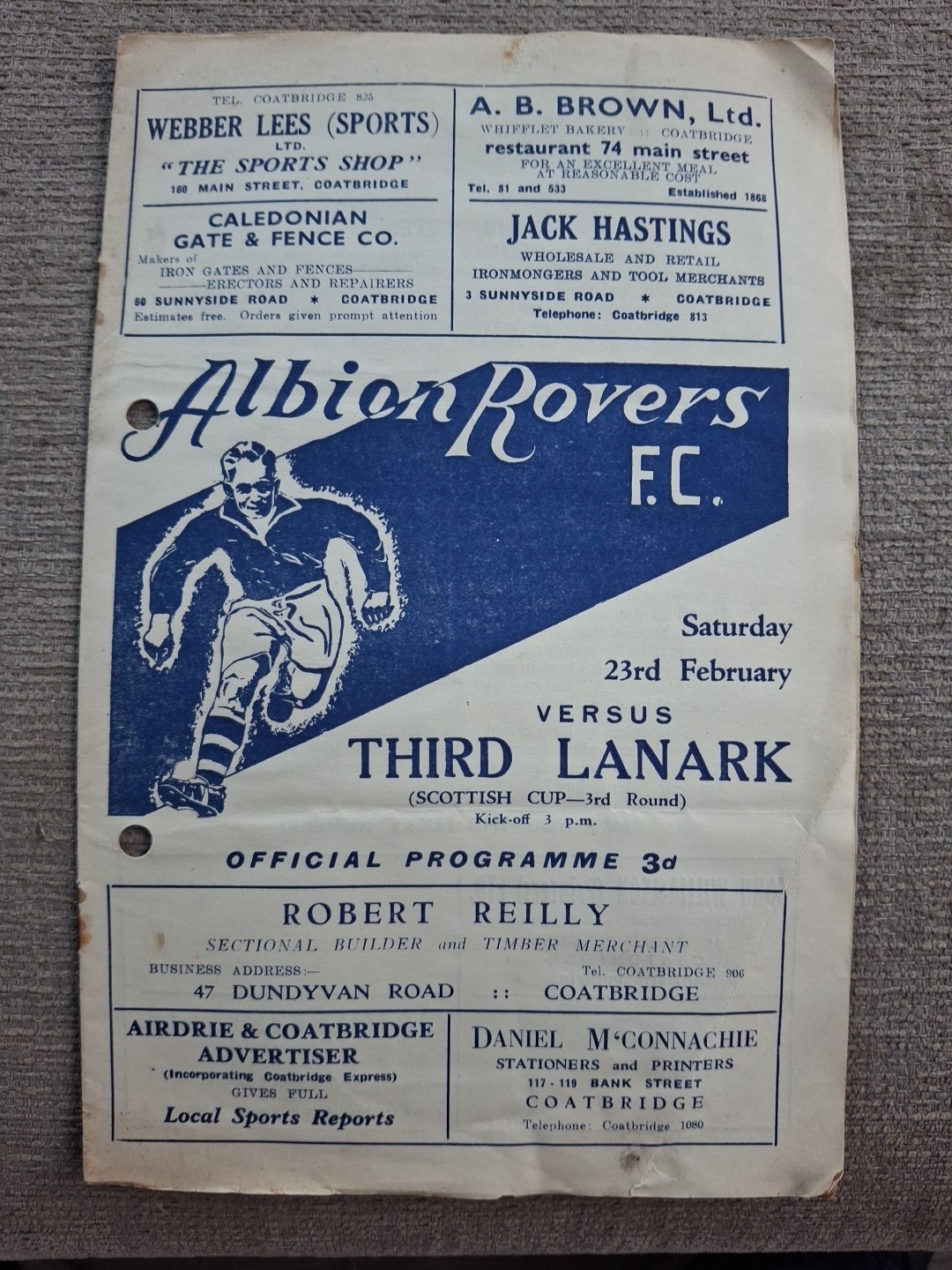Albion Rovers v Third Lanark programme.  23/2/1952 for sale on Ebay