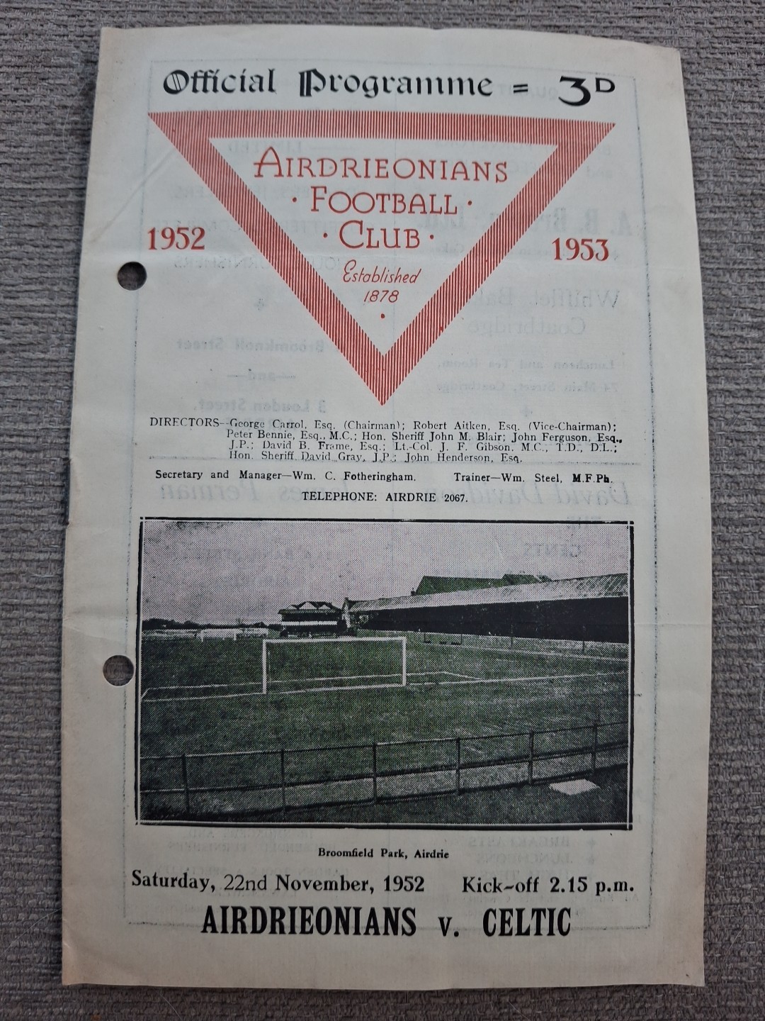 Airdrieonians v Celtic programme.  22/11/1952 for sale on Ebay