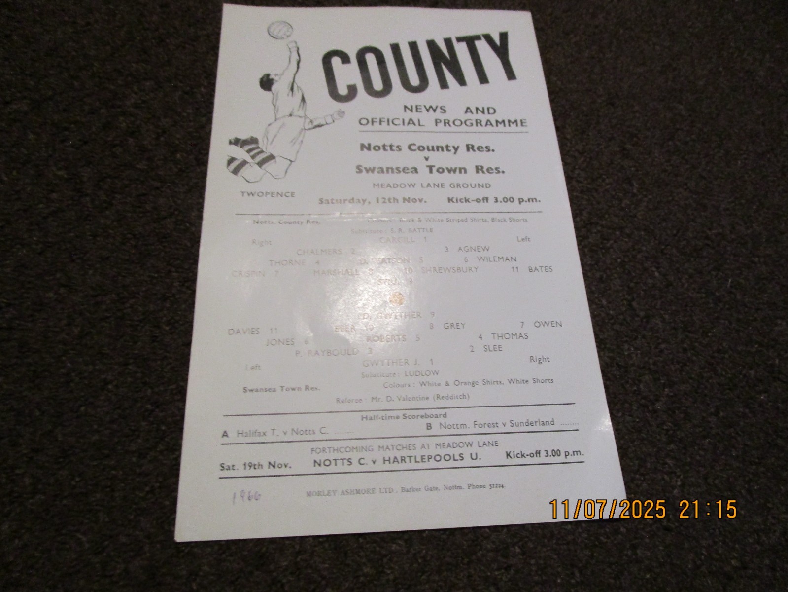 NOTTS COUNTY  reserves  v  SWANSEA TOWN  reserves  1966/7  NOVEMBER 12th s/s for sale on Ebay