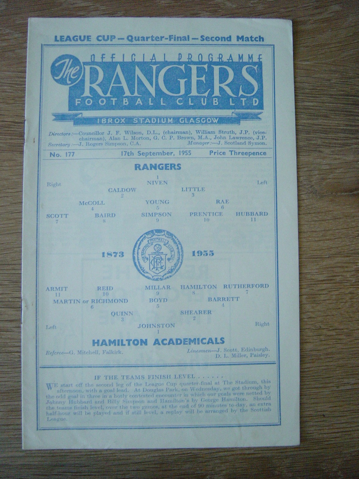 1955/56 GLASGOW RANGERS v HAMILTON ACADEMICAL for sale on Ebay