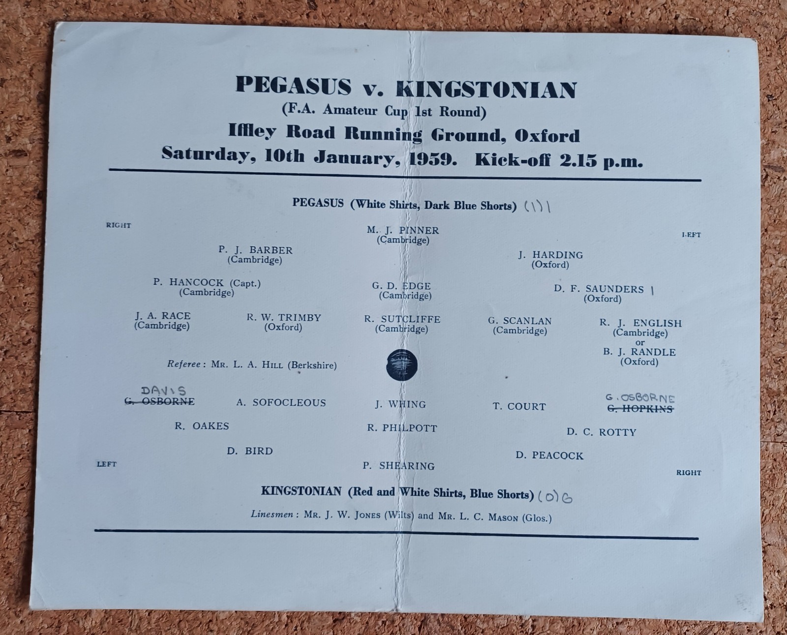 1958/59  PEGASUS v KINGSTONIAN  F.A.AMATEUR CUP 1ST ROUND  10/01/1959 for sale on Ebay
