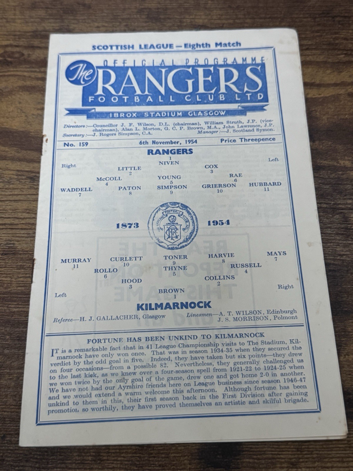 54/55   Glasgow Rangers  V Kilmarnock   #159 Football Programme for sale on Ebay