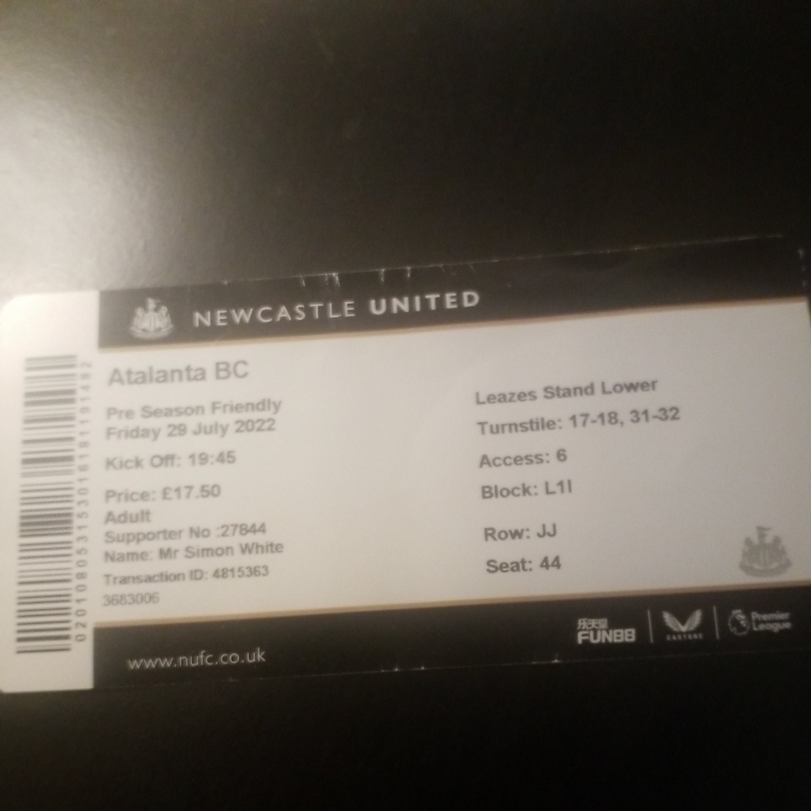 NEWCASTLE UNITED V  ATLANTA BC FRIENDLY 2022 23  TICKET  for sale on Ebay