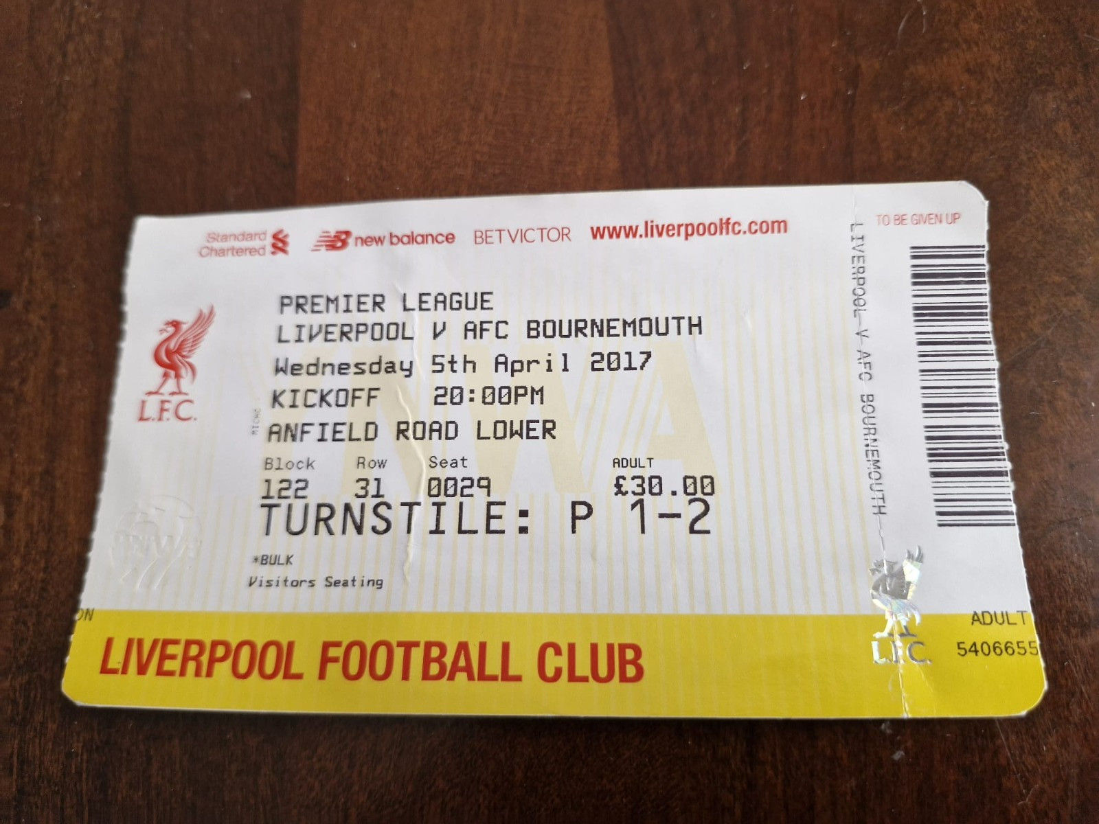 TICKET STUB- LIVERPOOL V AFC BOURNEMOUTH - PREMIER LEAGUE- APRIL 2017 for sale on Ebay