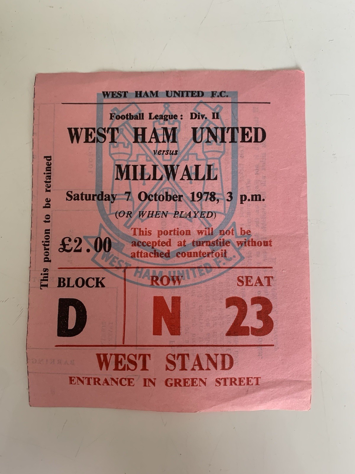 West Ham United v Millwall Ticket Stub League Division One 7th October 1978. for sale on Ebay