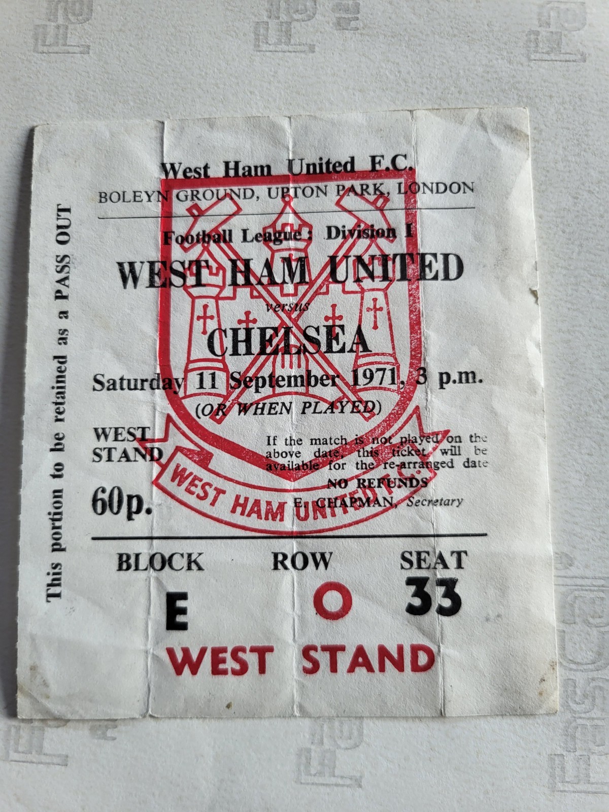 West Ham Utd v Chelsea  Match Ticket  11th September 1971 for sale on Ebay