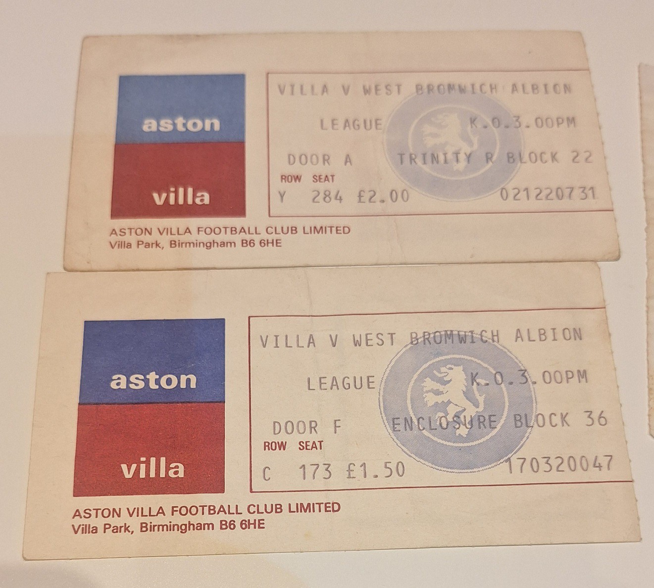 Two Aston Villa Tickets From The Late 1970's v West Bromwich Albion  for sale on Ebay