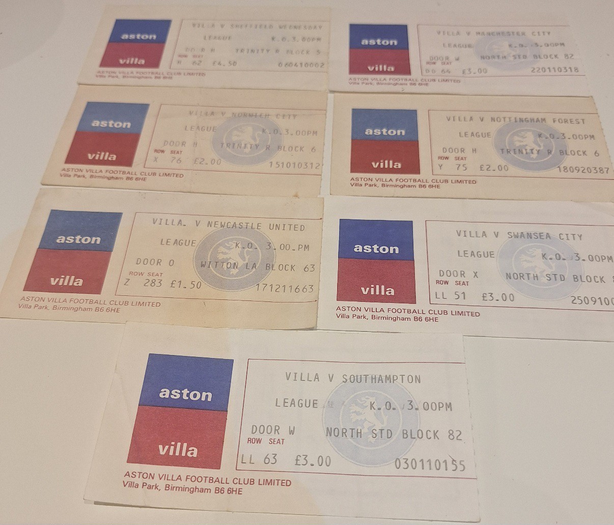 Seven Aston Villa Tickets From The Late 1970's Early 1980's  for sale on Ebay