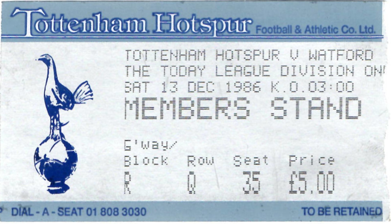 TICKET STUB - TOTTENHAM v WATFORD - 13/12/1986 for sale on Ebay
