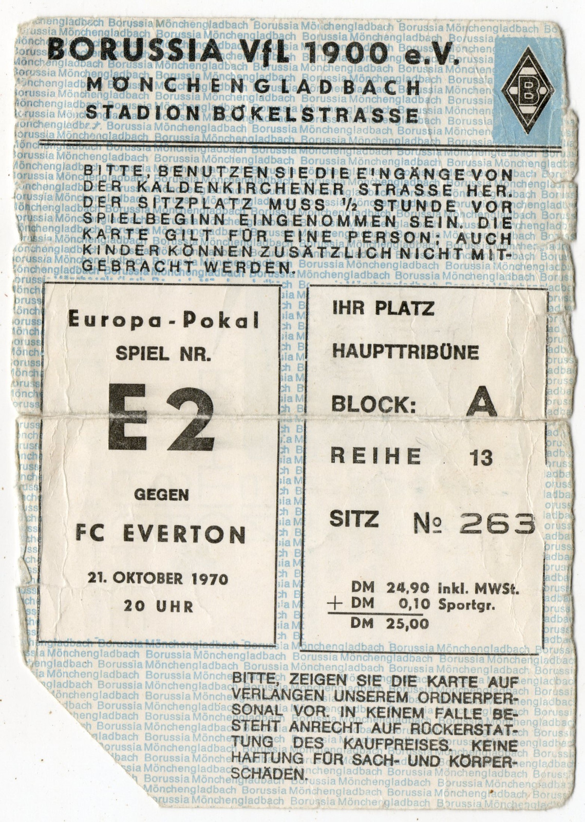 Ticket EC Borussia Mönchengladbach - FC Everton 21.10.1970 for sale on Ebay