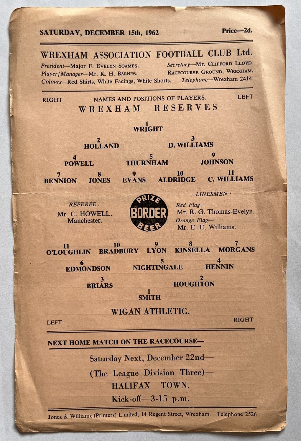 Wrexham Reserves v Wigan Athletic 15th December 1962 for sale on Ebay