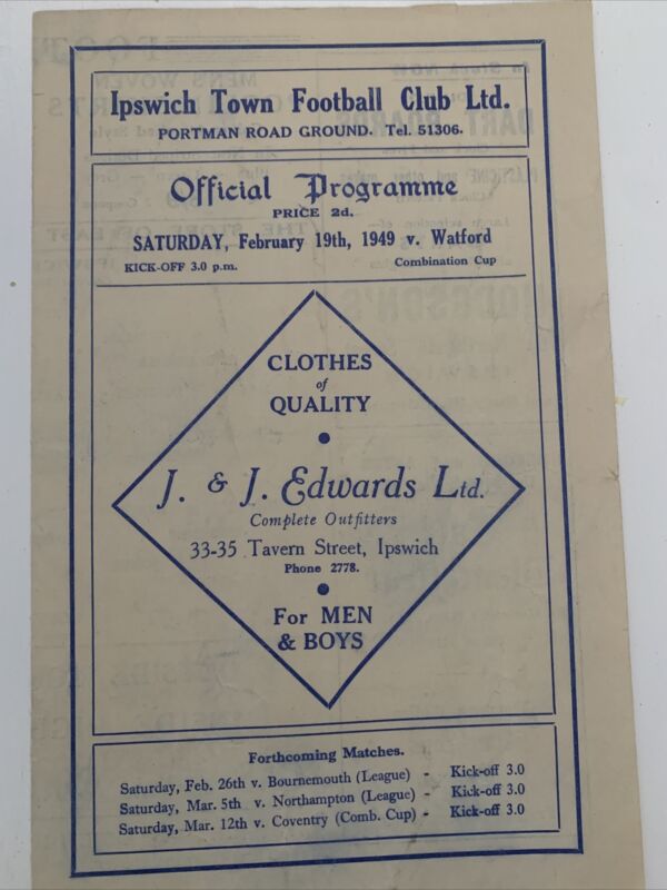 Reserves - Ipswich Town V Watford - 1948/1949 - Football Combination Cup for sale on Ebay