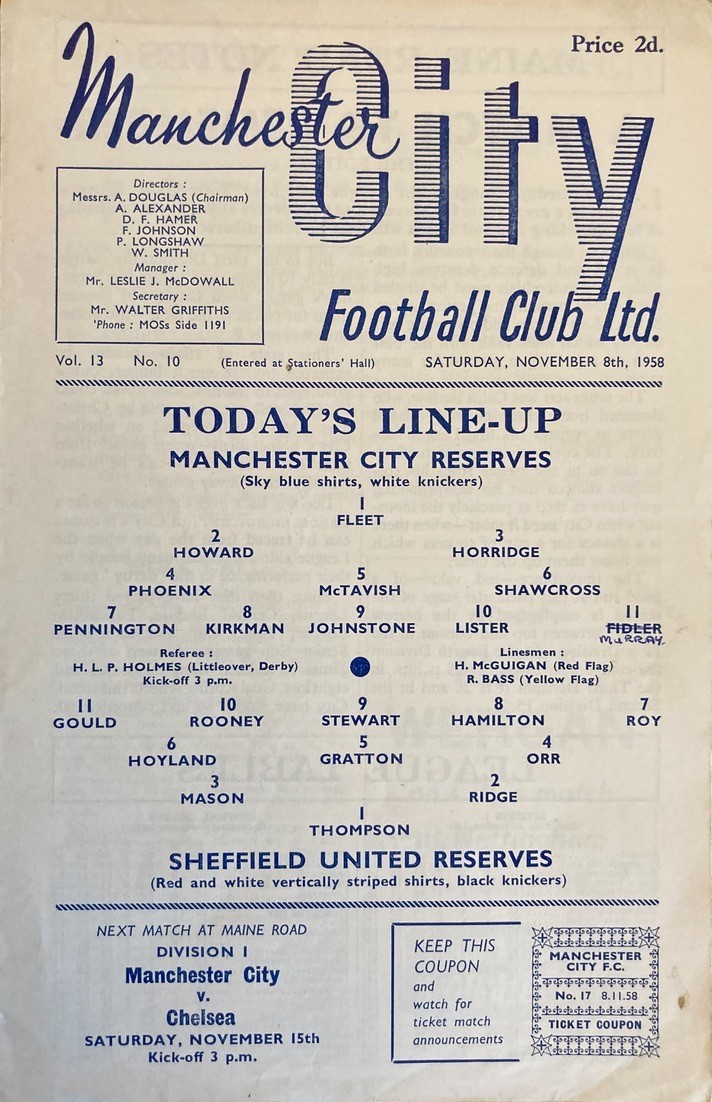 Manchester City v Sheffield United Central League 1958/59 for sale on Ebay