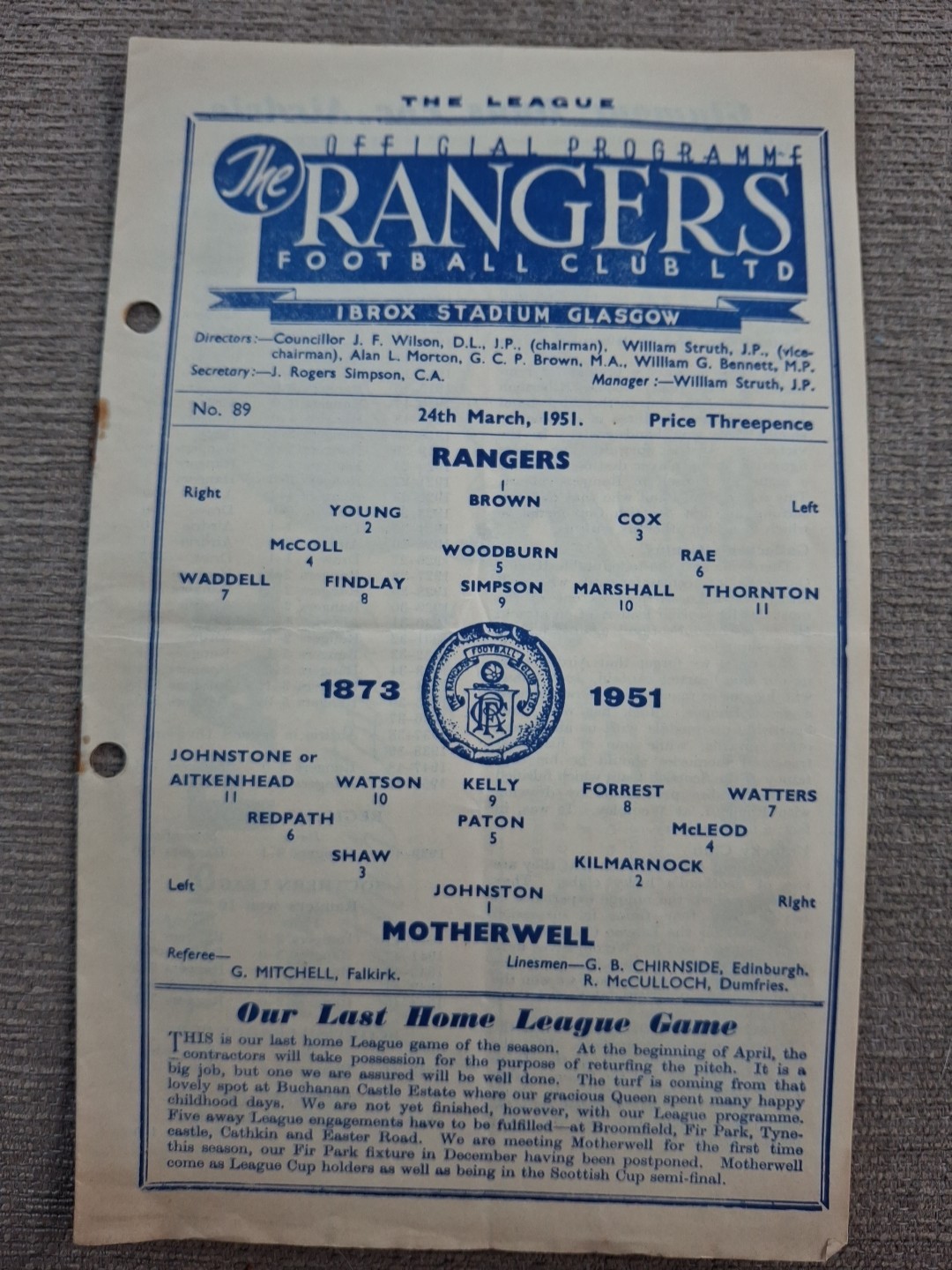 Rangers v Motherwell programme.  24/3/1951 for sale on Ebay