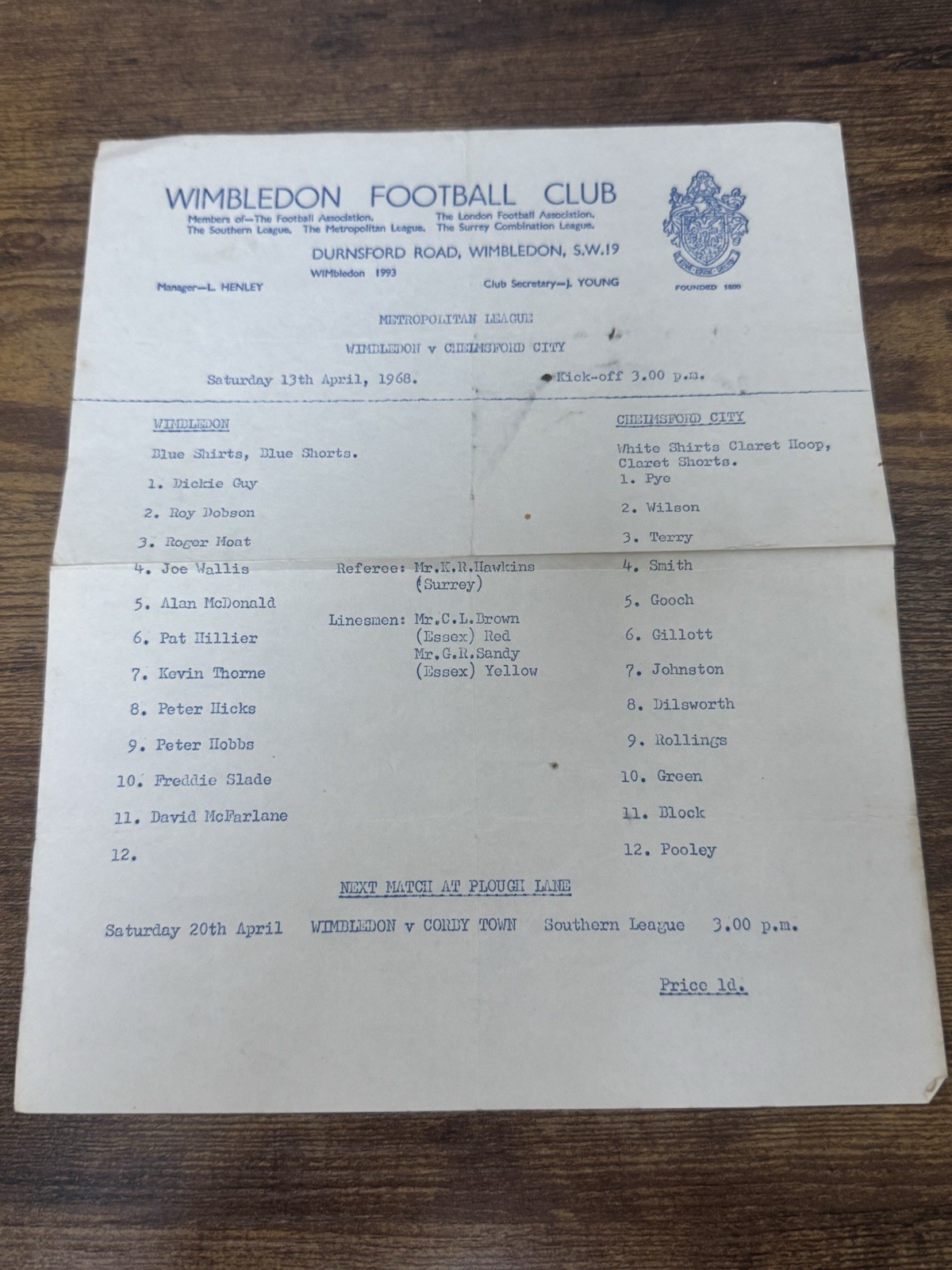 67/68 Wimbledon V Chelmsford City  METROPOLITAN LEAGUE Football Programme for sale on Ebay
