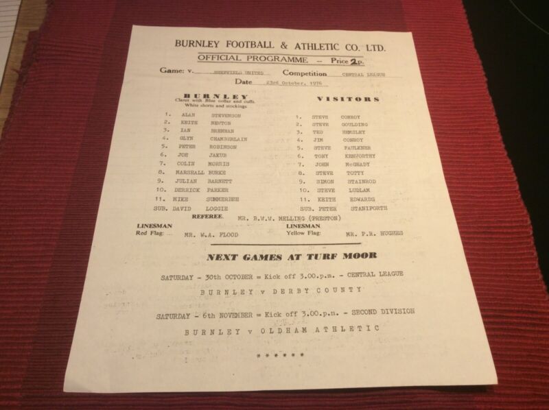 BURNLEY RES V SHEFFIELD UTD RES 23/10/1976 SINGLE SHEET for sale on Ebay