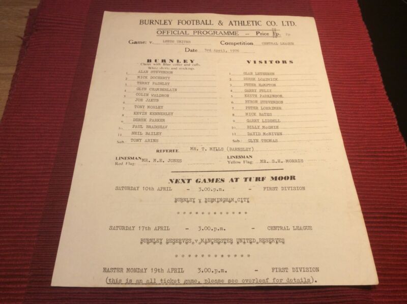 BURNLEY RES V LEEDS UTD RES 3/4/1976 SINGLE SHEET for sale on Ebay