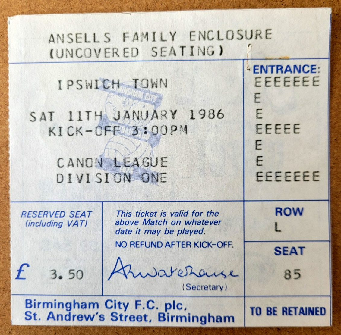 11 January 1986 BIRMINGHAM CITY v IPSWICH TOWN, fine/clean TICKET! for sale on Ebay