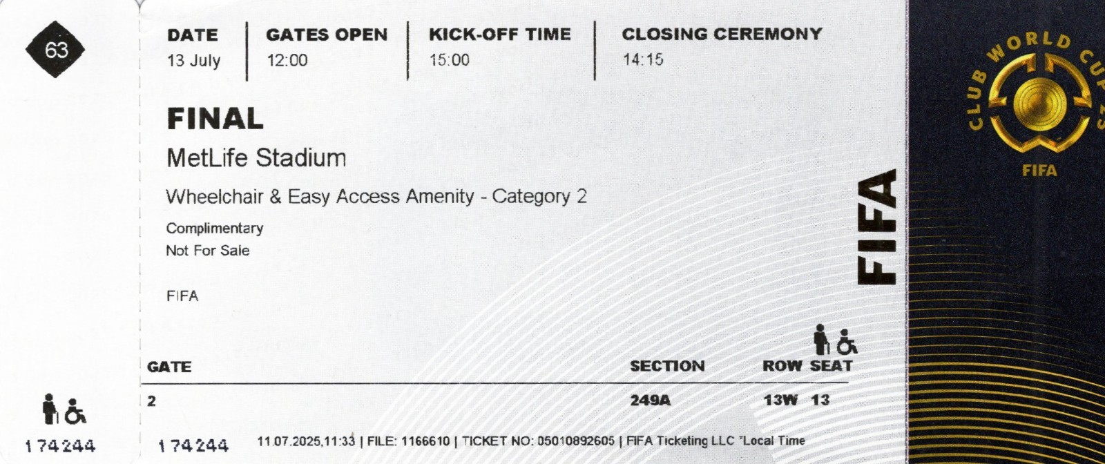 Unused Ticket Chelsea v Paris St Germain Club World Cup Final 2025 near perfect for sale on Ebay
