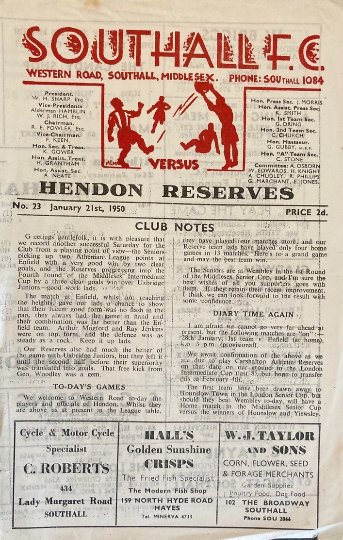 Southall Reserves v Hendon Reserves Athenian League 1949/50 for sale on Ebay