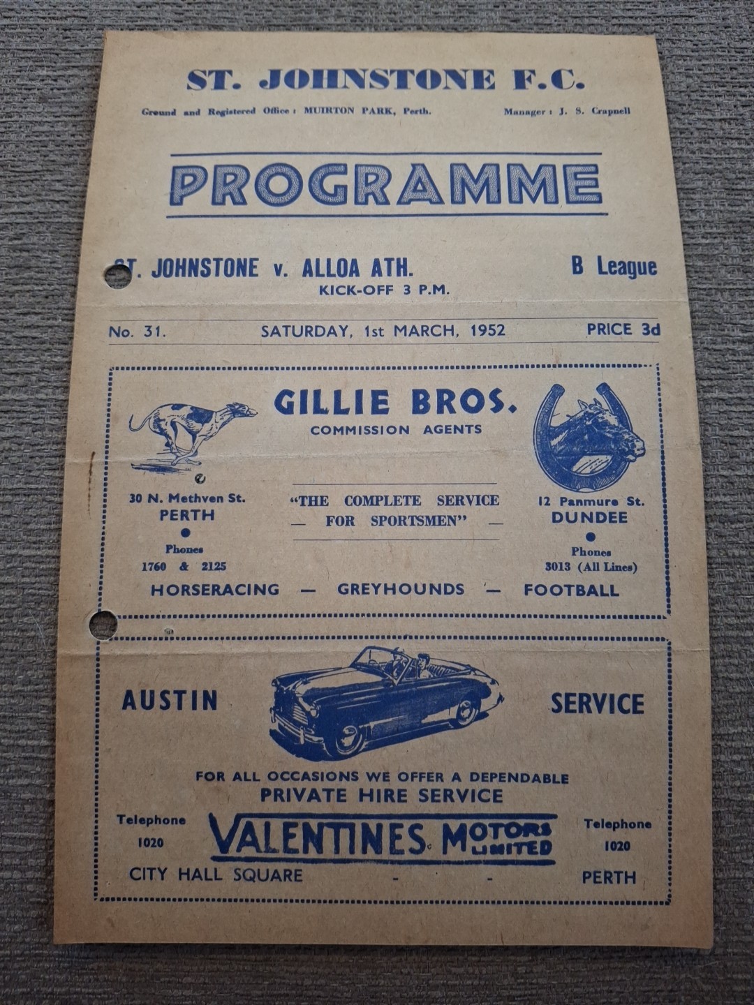 St Johnstone v Alloa Athletic programme.  1/3/1952 for sale on Ebay