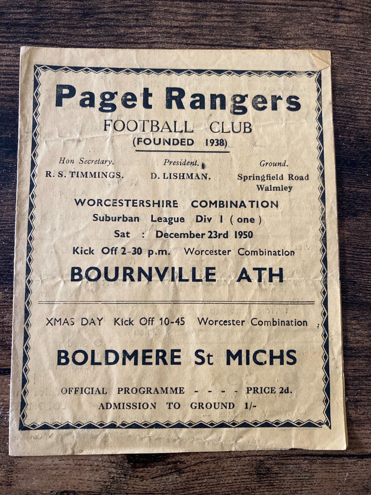 Paget Rangers v Bourneville / Boldmere St Michaels 1950 Worcestershire Comb. for sale on Ebay