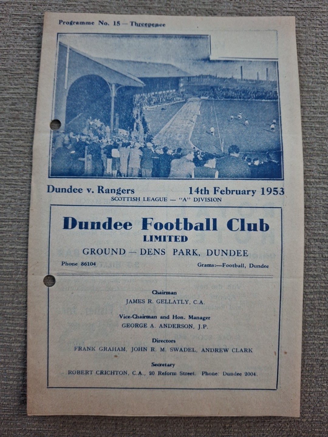 Dundee v Rangers programme.  14/2/1953 for sale on Ebay