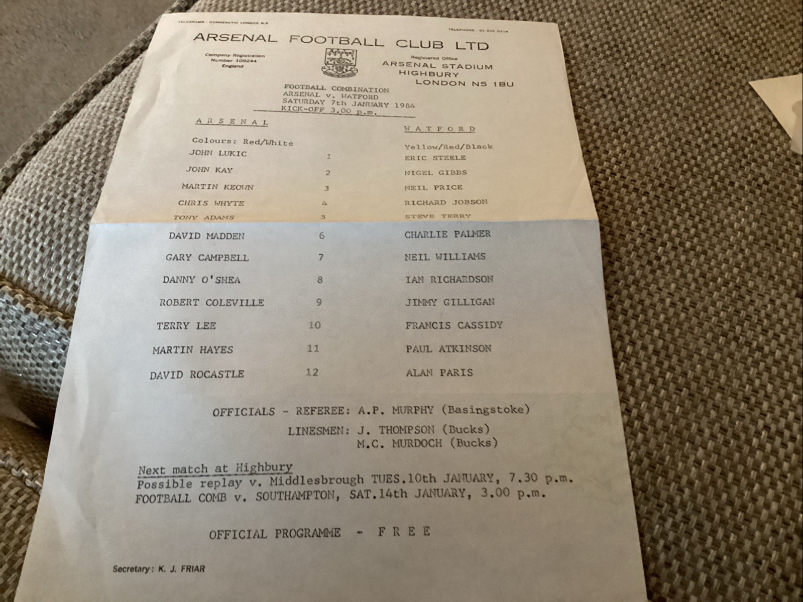 Arsenal v Watford reserves s/s programme 7/1/84 for sale on Ebay