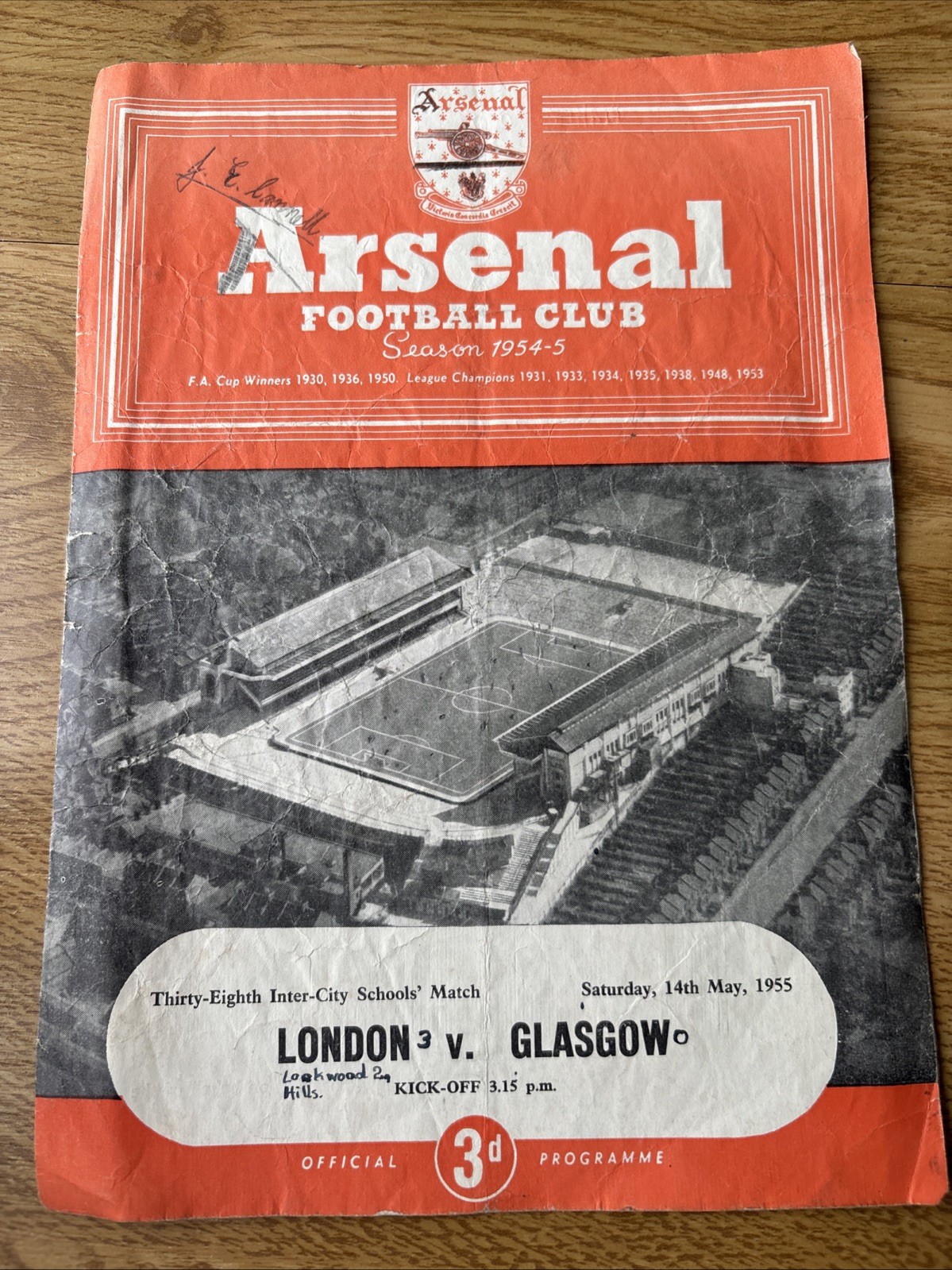 London  Vs Glasgow 14-5-55  Inter Schools Match   @ Arsenal Football Ground for sale on Ebay