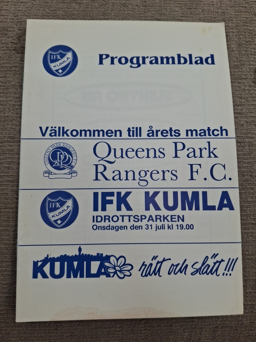 IFK Kumla v QPR friendly programme.  31/7/1991 for sale on Ebay