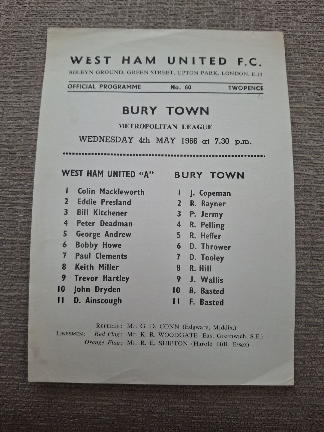 West Ham United v Bury Town programme.  4/5/1966  Metropolitan League  for sale on Ebay